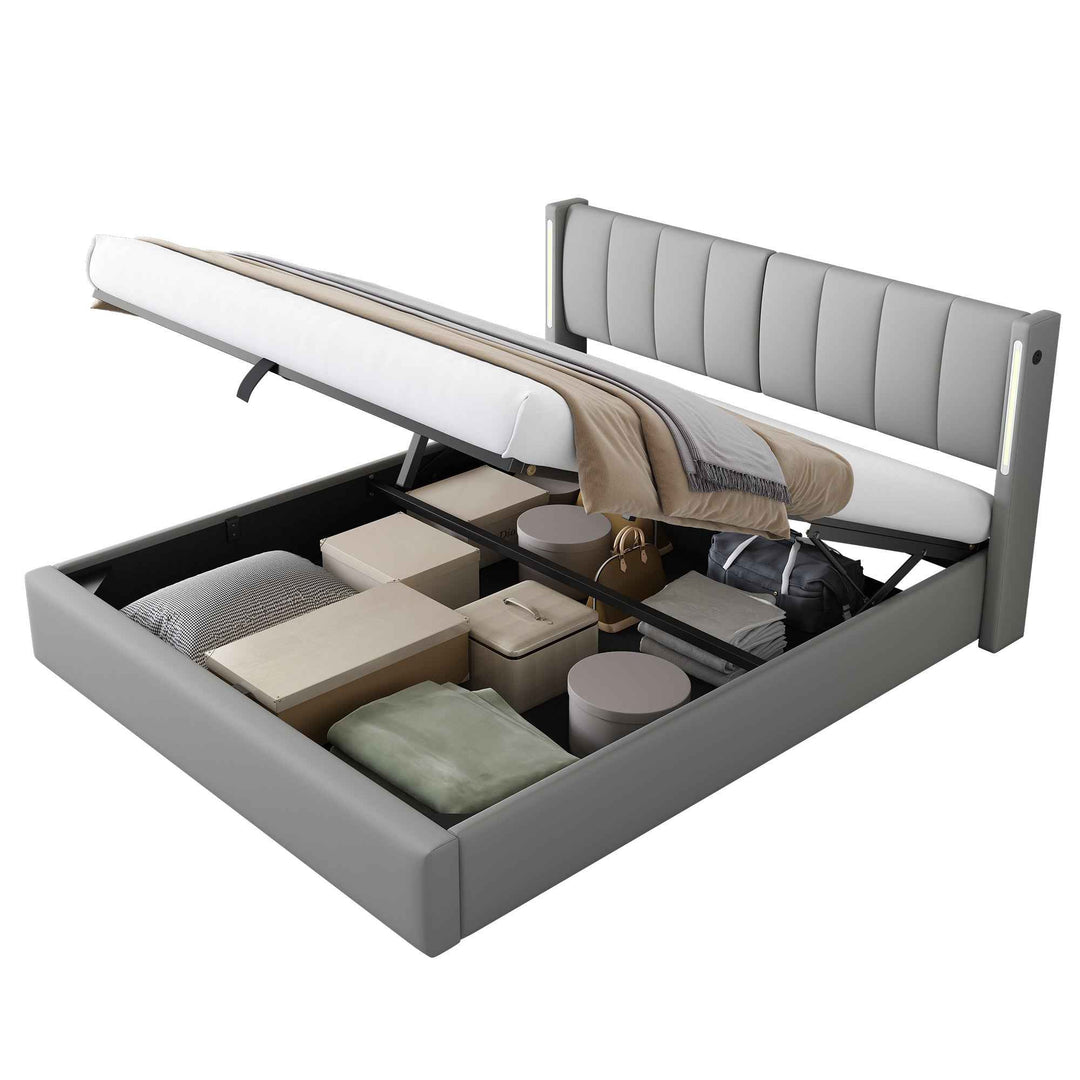Super king size ottoman bed PU light grey with LED, USB ports, adjustable headboard 180x200cm INFINITEKAELIS