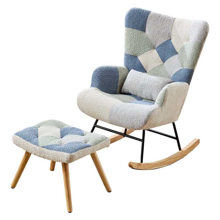 Fabric white blue patchwork rocking chair with solid wood legs and footstool MORASSSLOP