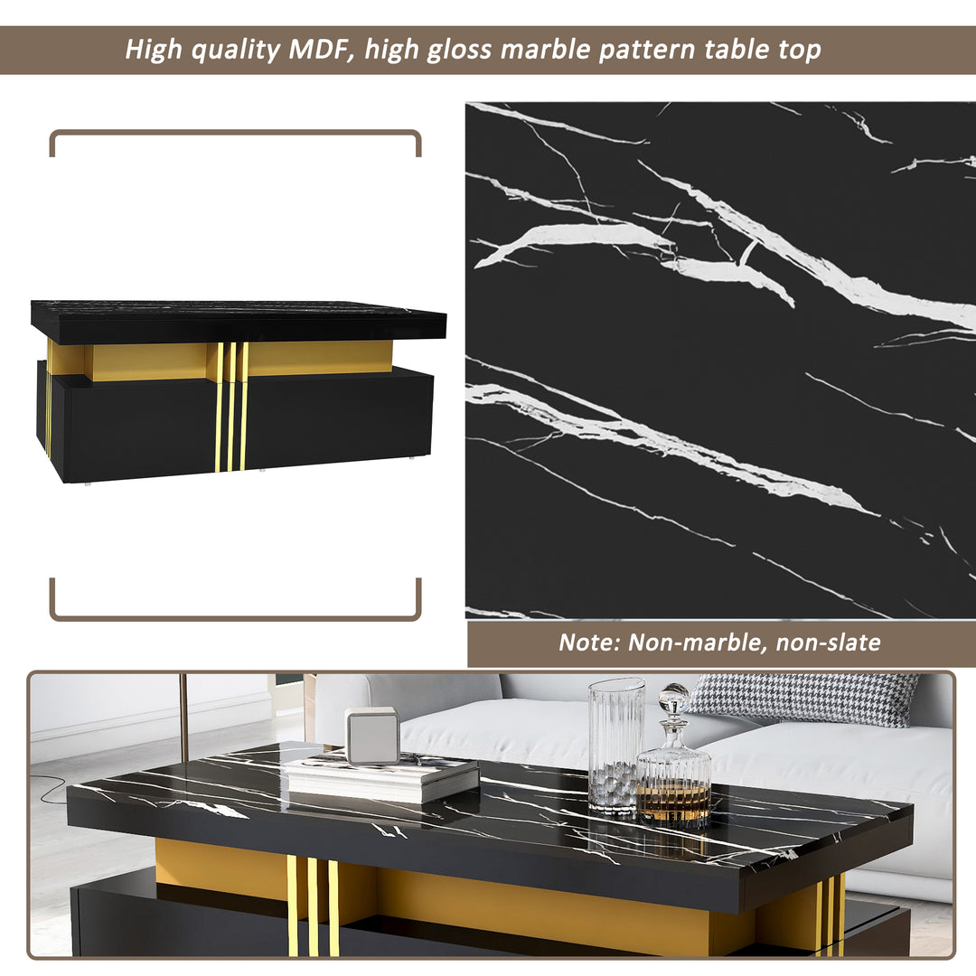 Modern black coffee table with marble-pattern top golden accents LEDGER