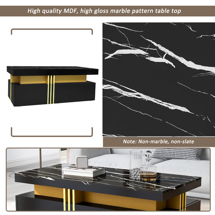 Modern black coffee table with marble-pattern top golden accents LEDGER