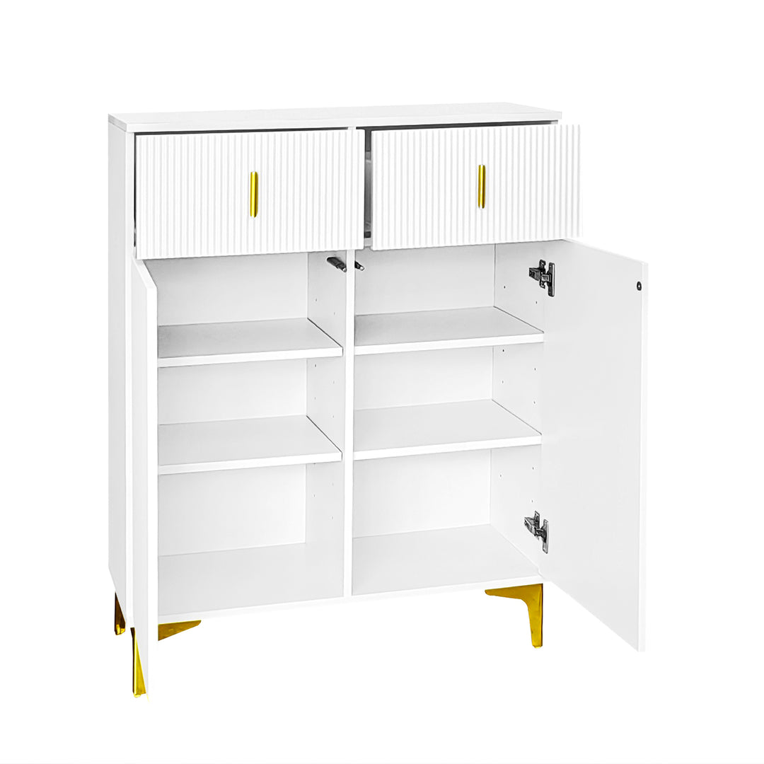White shoe cabinet with textured panels and golden legs FERNCREST UK