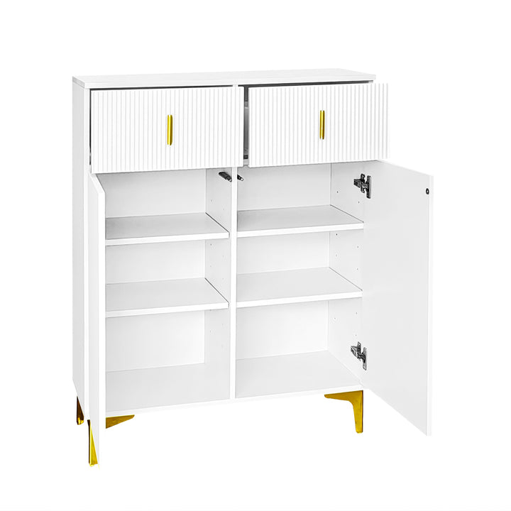 White shoe cabinet with textured panels and golden legs FERNCREST UK