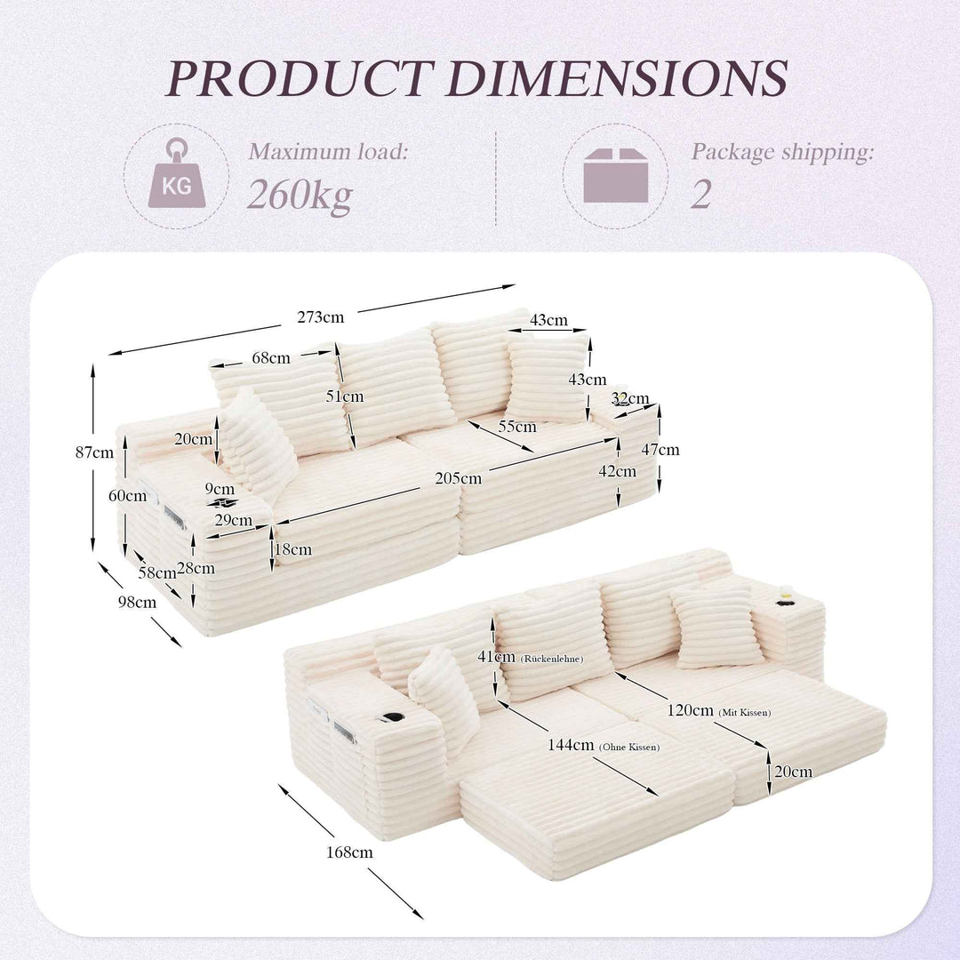 Corduroy Sofa Bed Beige 3-Seater with High Backrest, Extra Pillows, Side Pockets & Cup Holders, Freely Convertible, Space-Saving for Living Room or Guest Room