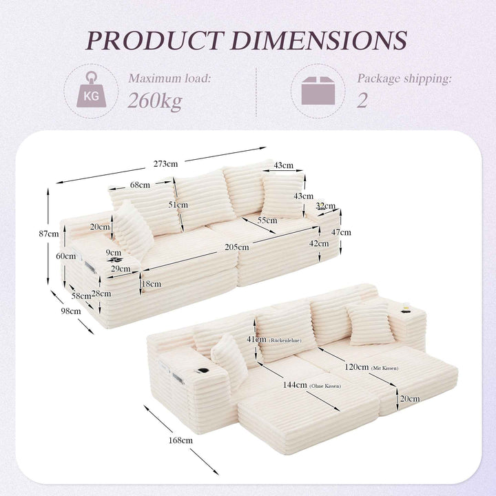 Corduroy Sofa Bed Beige 3-Seater with High Backrest, Extra Pillows, Side Pockets & Cup Holders, Freely Convertible, Space-Saving for Living Room or Guest Room