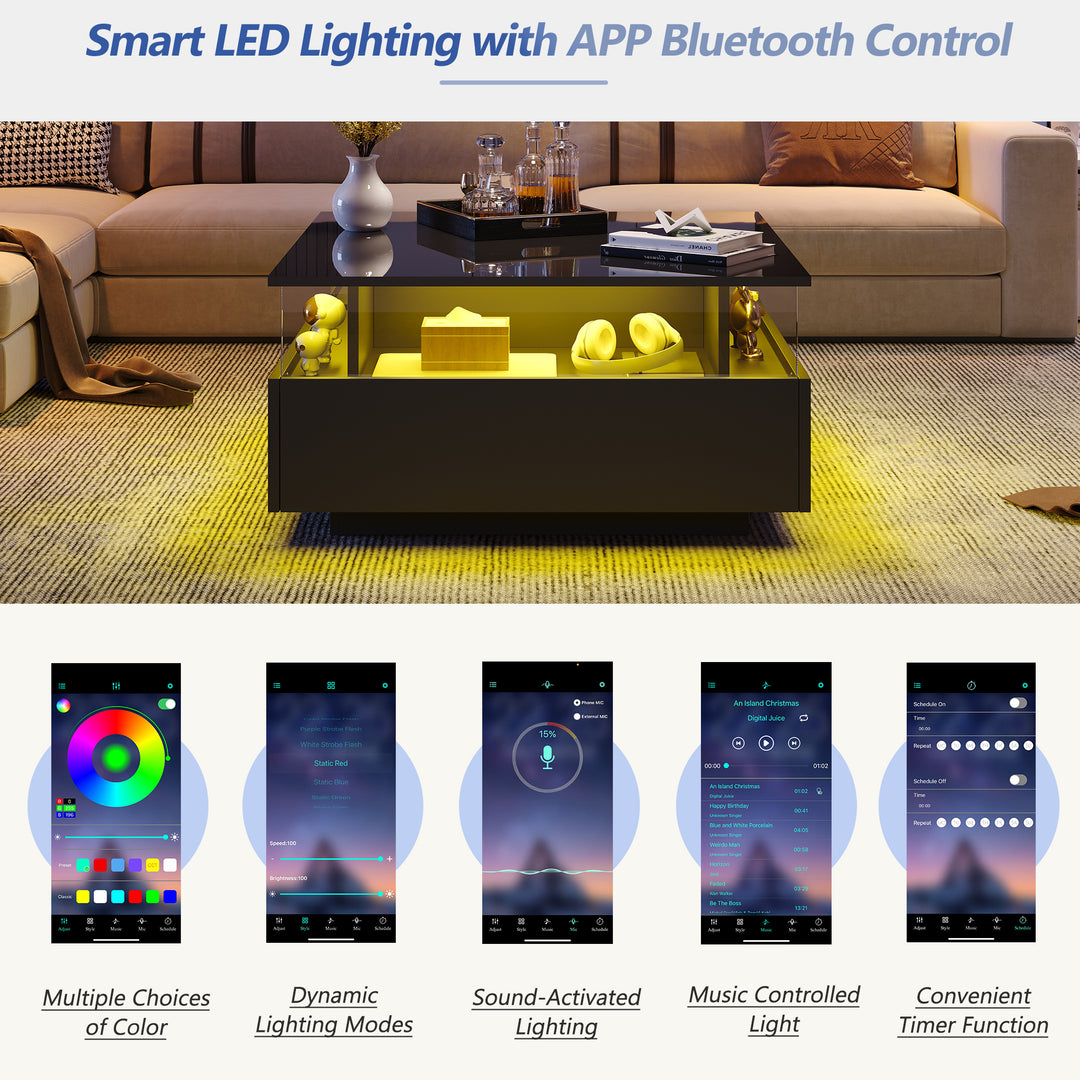 Modern LED light high gloss black square coffee table with 2 drawers THERAPY