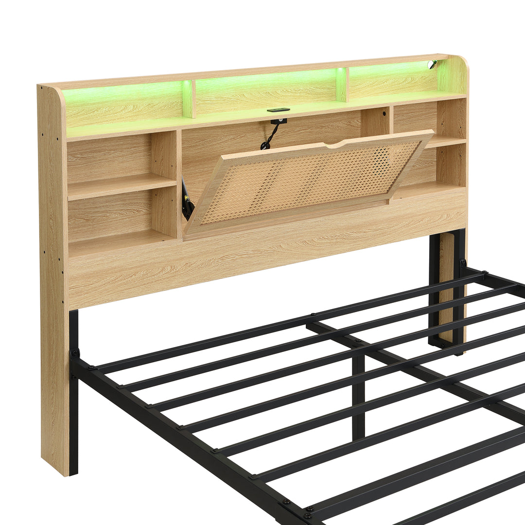 Wooden double bed with headboard storage, rattan drawer and LED lighting (135×190cm) HYDATHOD