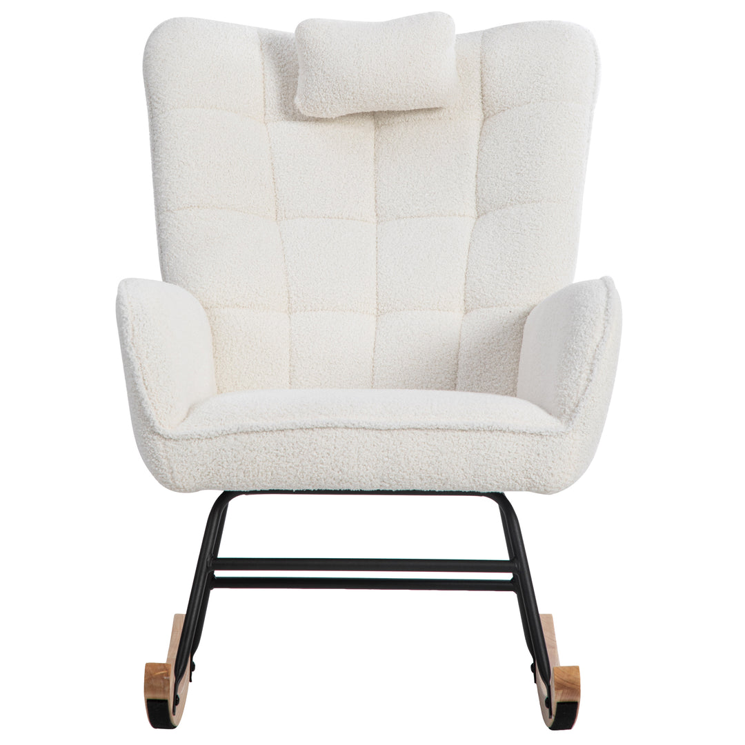 White bouclé fabric rocking chair with footstool and neck pillow PHLOEM