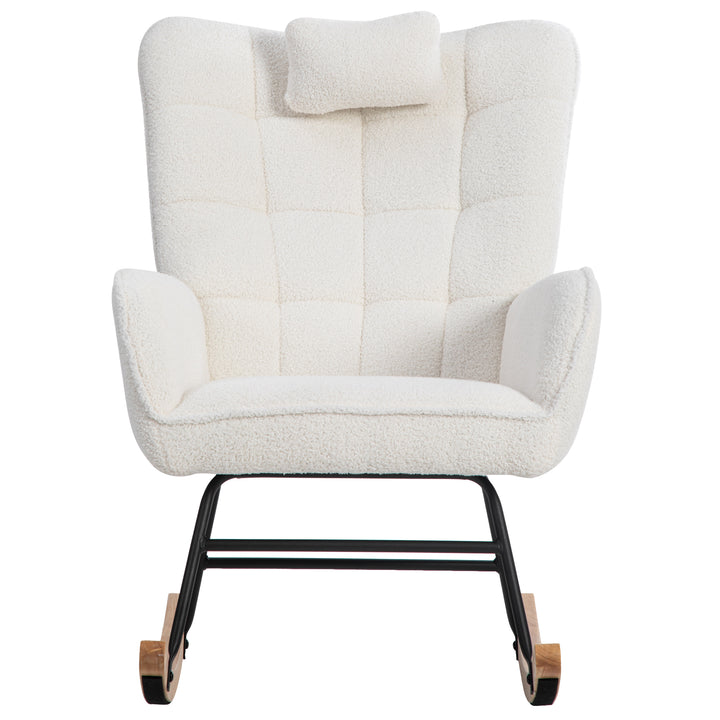White bouclé fabric rocking chair with footstool and neck pillow PHLOEM