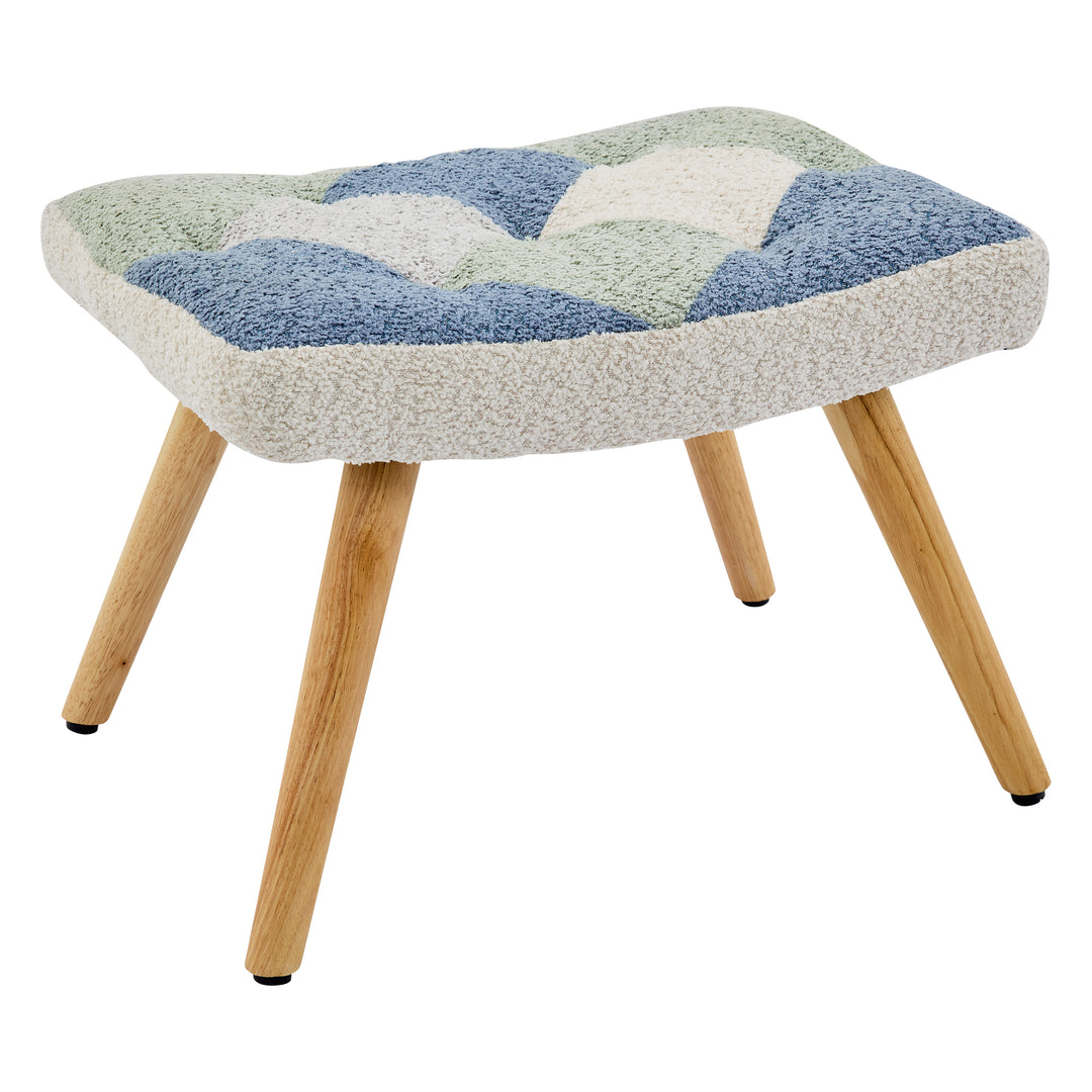 Fabric white blue patchwork rocking chair with solid wood legs and footstool MORASSSLOP