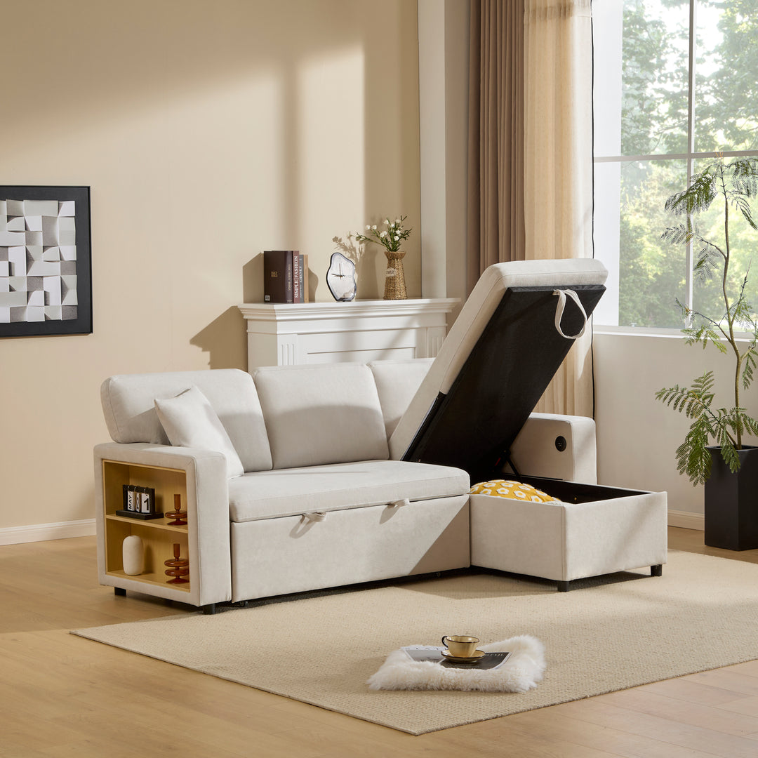 Beige 3-seater corner sofa bed with side shelf and USB ports ANTCOLONY UK