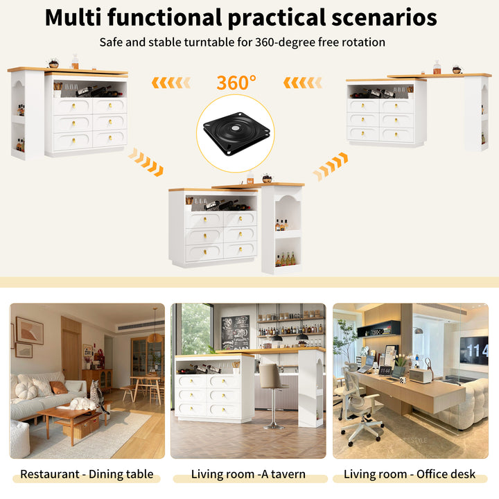 White 360° rotating extendable bar table with 6-drawer storage SYCAMOREBALL