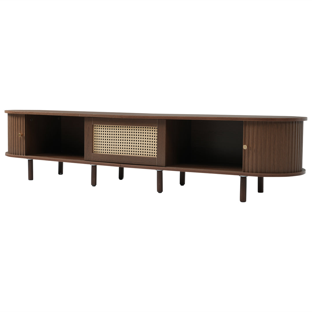 Retro walnut TV stand oval rounded corners 2 slide doors 180×40×40cm SOREN