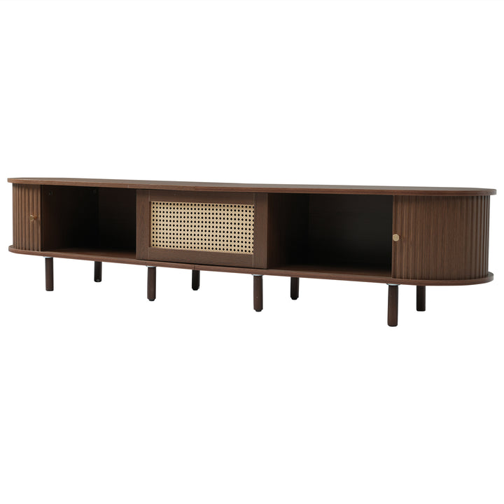 Retro walnut TV stand oval rounded corners 2 slide doors 180×40×40cm SOREN