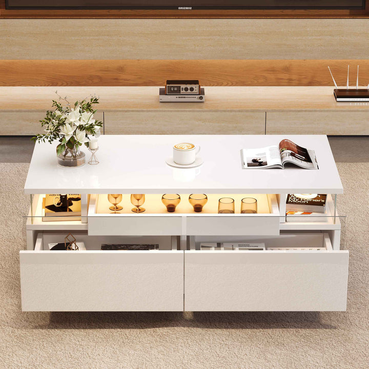 White high gloss coffee table with LED lights, 2 drawers, pull-out tray FLAREVORNAX