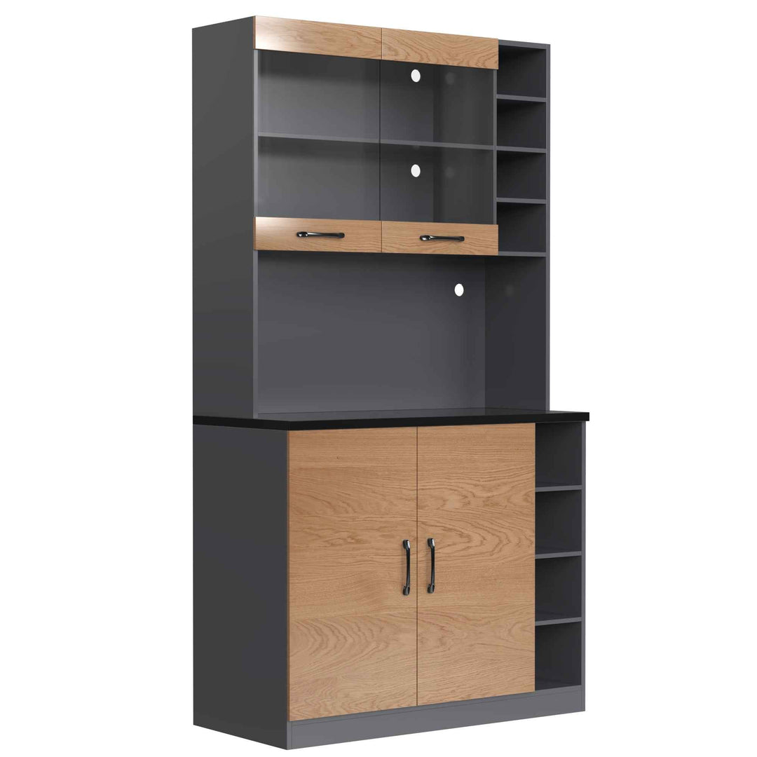 00+Kitchen Tall Cabinet with LED Lighting, Adjustable Shelves, Large Pantry Storage for Microwave VERTEXMORN