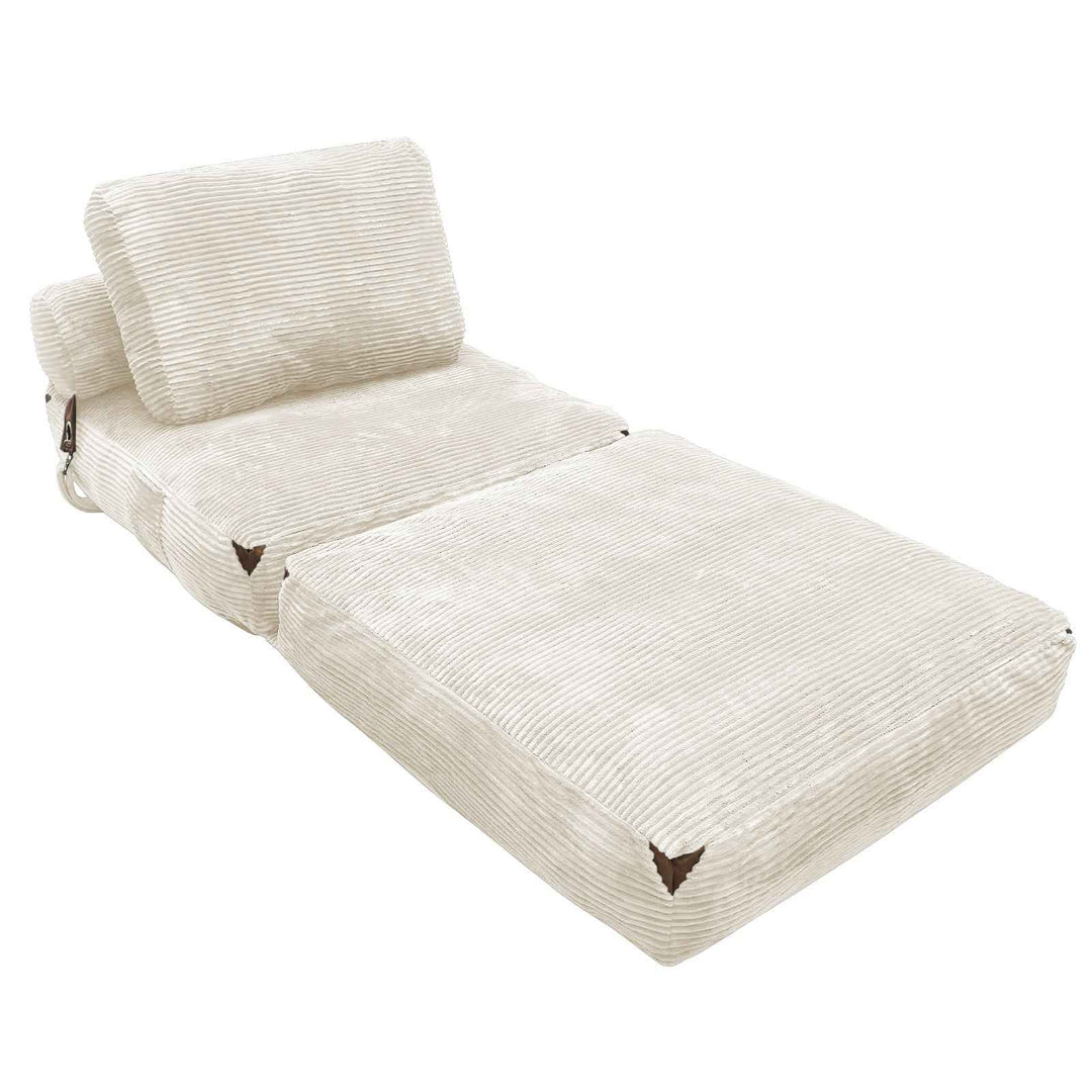3 in 1 Convertible Corduroy Floor Sofa Bed White, Oversized Fold Out Chaise Lounge with High Density Sponge, Side Pockets, Non-Slip Base, No Assembly, Space Saving for Bedroom Dorm Gaming Napping