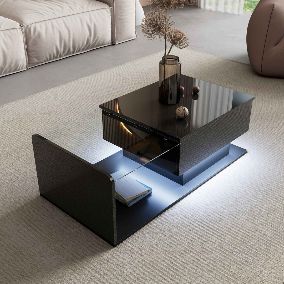 High gloss black coffee table with lift up top, LED lighting 100x50cm FLARERYLOTH