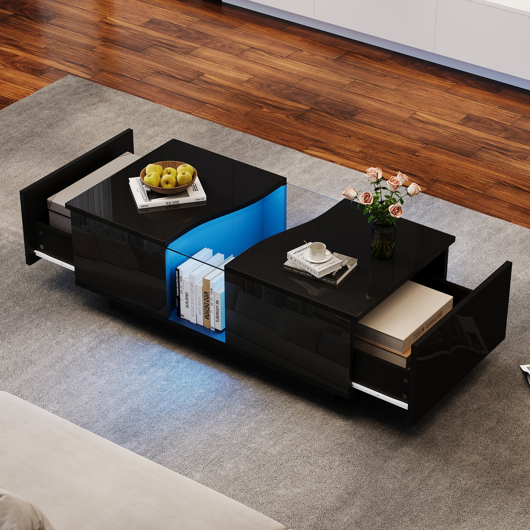 Black high gloss coffee table with 2 drawers with 16-Color LED lights 100*35cm SCALESKIN