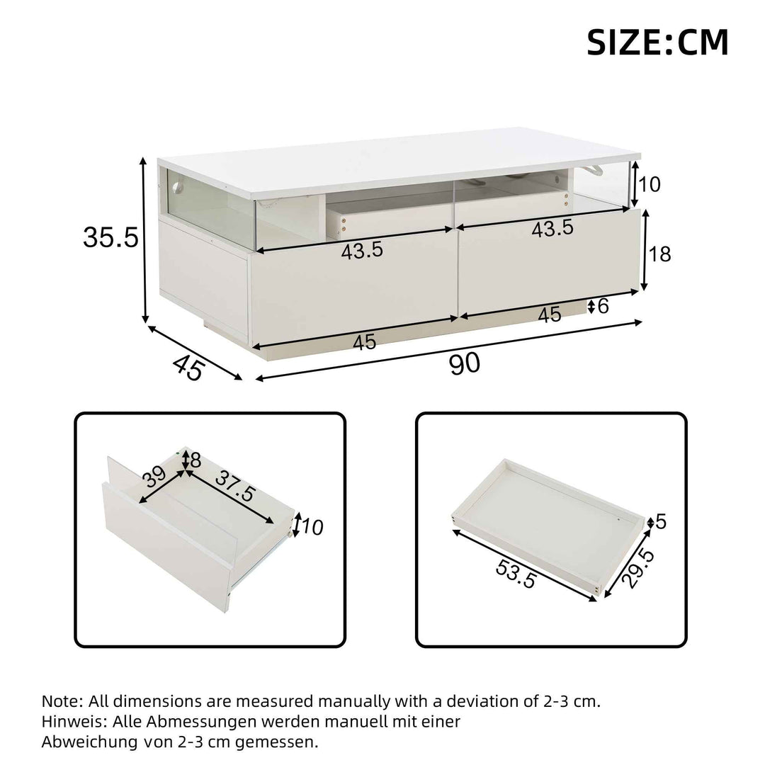 White high gloss coffee table with LED lights, 2 drawers, pull-out tray FLAREVORNAX