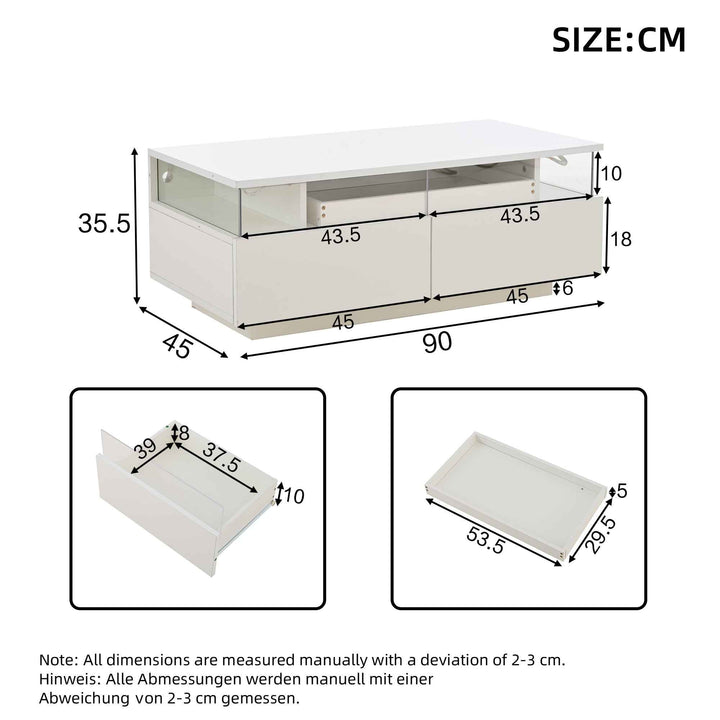 White high gloss coffee table with LED lights, 2 drawers, pull-out tray FLAREVORNAX