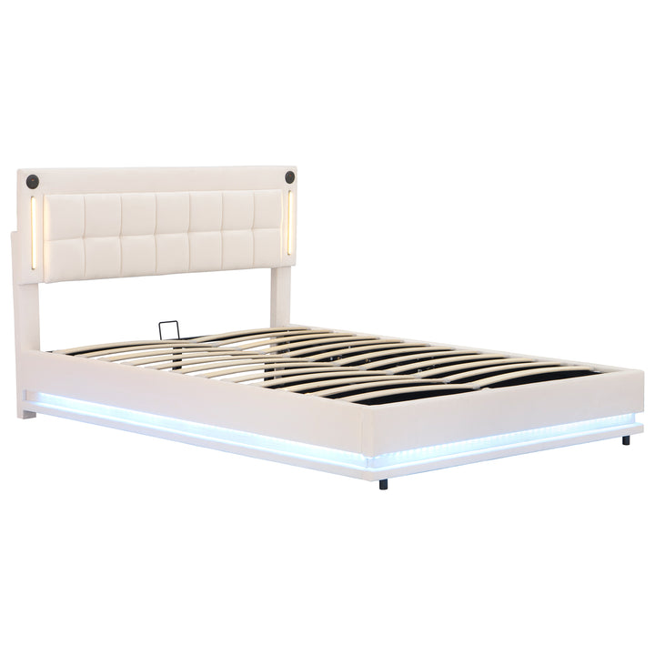 Beige velvet king ottoman end opening bed with LED lighting and charging station (150*200cm) DUSKHAVEN
