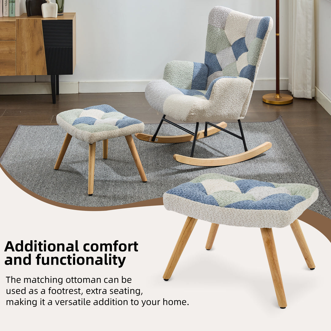 Fabric white blue patchwork rocking chair with solid wood legs and footstool MORASSSLOP