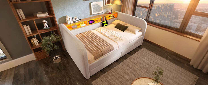 Single Upholstered Daybed 90x190cm with LED Headboard Storage, USB Type-C Charging, 2 Drawers, Linen Beige, Modern Sofa Bed for Bedroom
