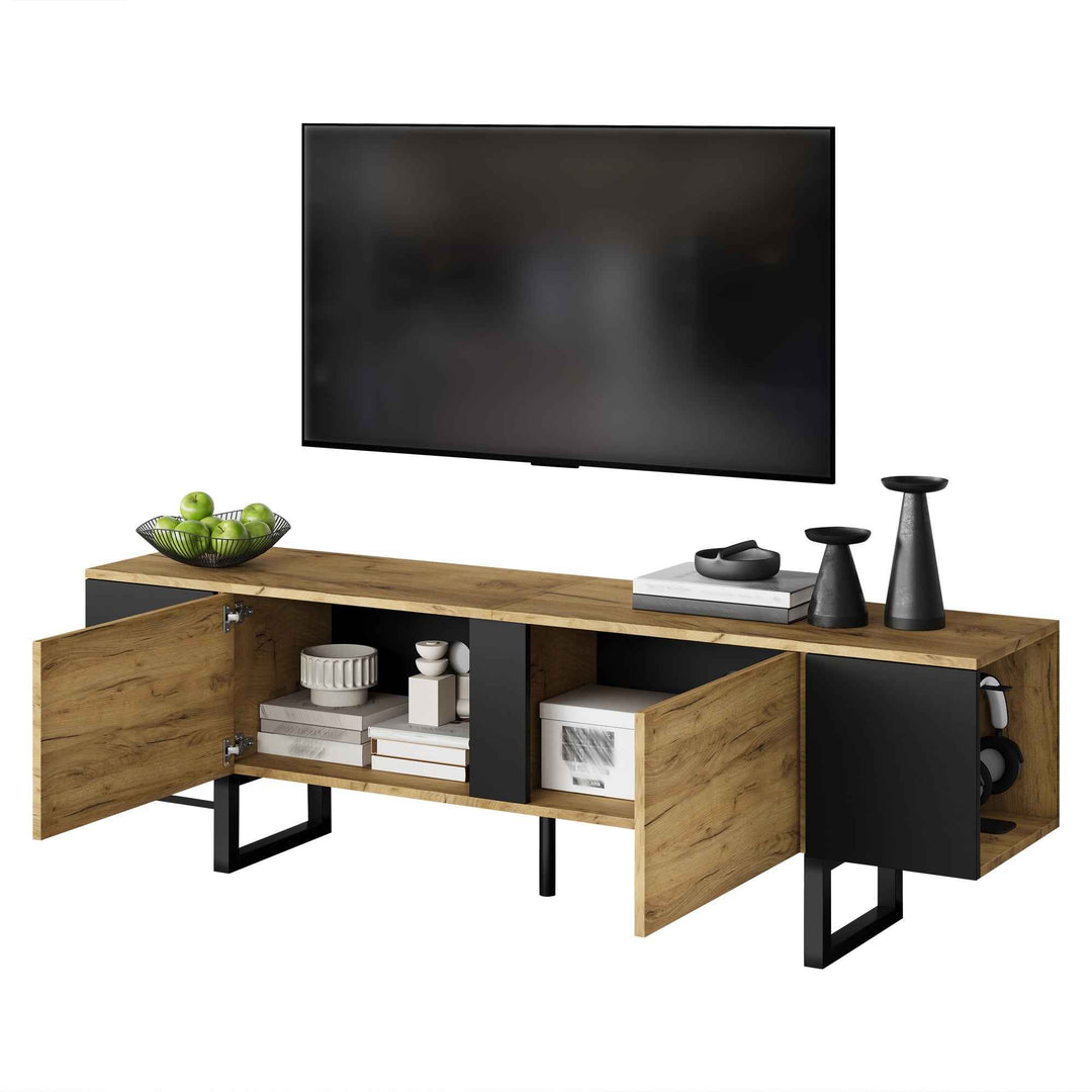 Natural wood & black TV stand up to 2 doors & 2 side cabinets INFINITEMERI