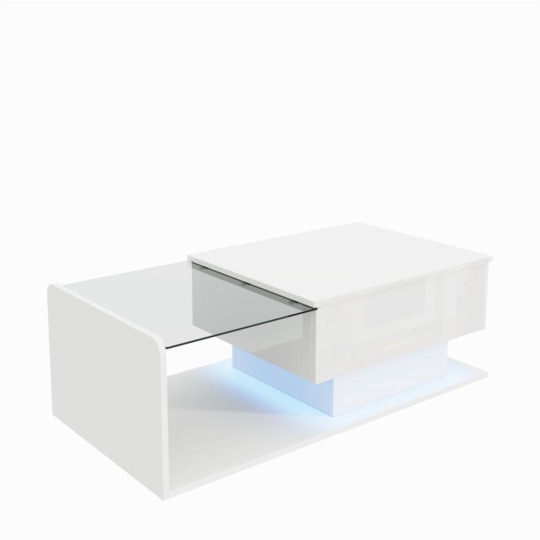 White high-gloss rectangular coffee table and LED lighting with glass top LUNG