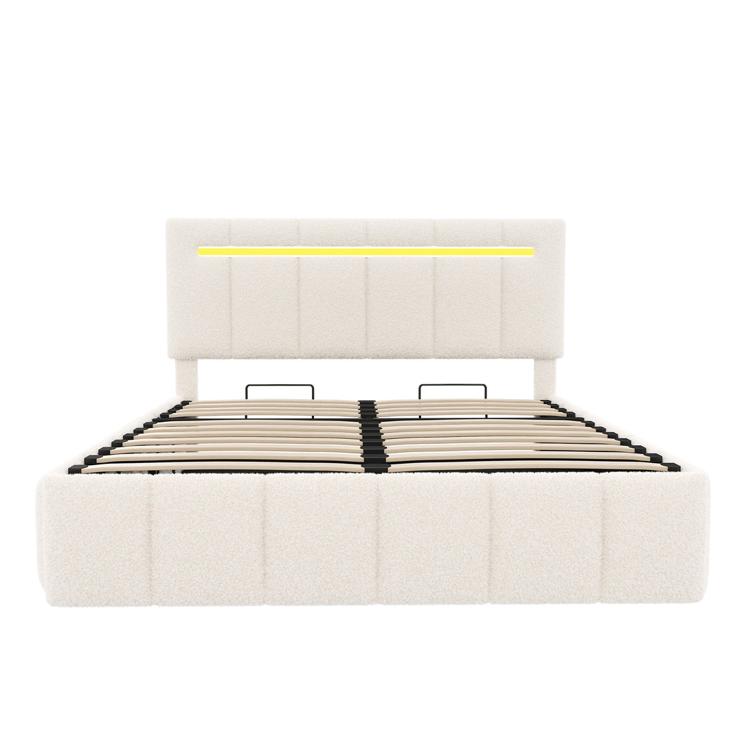 Upholstered beige boucle divan double bed with storage LED lights 135x190cm MAGMASWELL UK