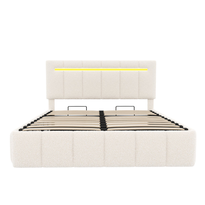 Upholstered beige boucle divan double bed with storage LED lights 135x190cm MAGMASWELL UK