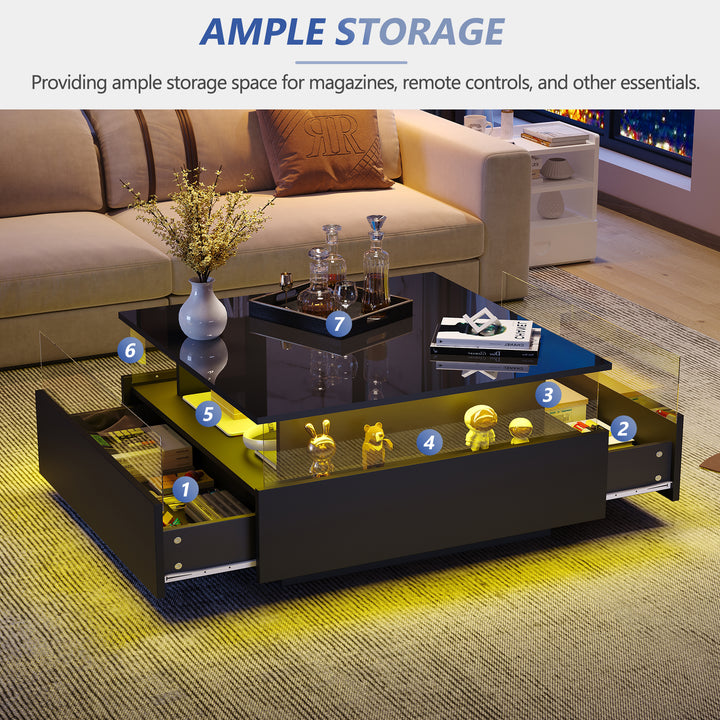 Modern LED light high gloss black square coffee table with 2 drawers THERAPY