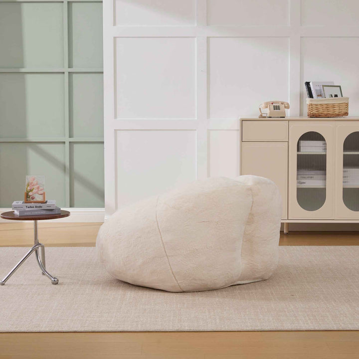 Lazy chair shell shaped sofa beige faux fur, memory foam bean bag chair removable cover