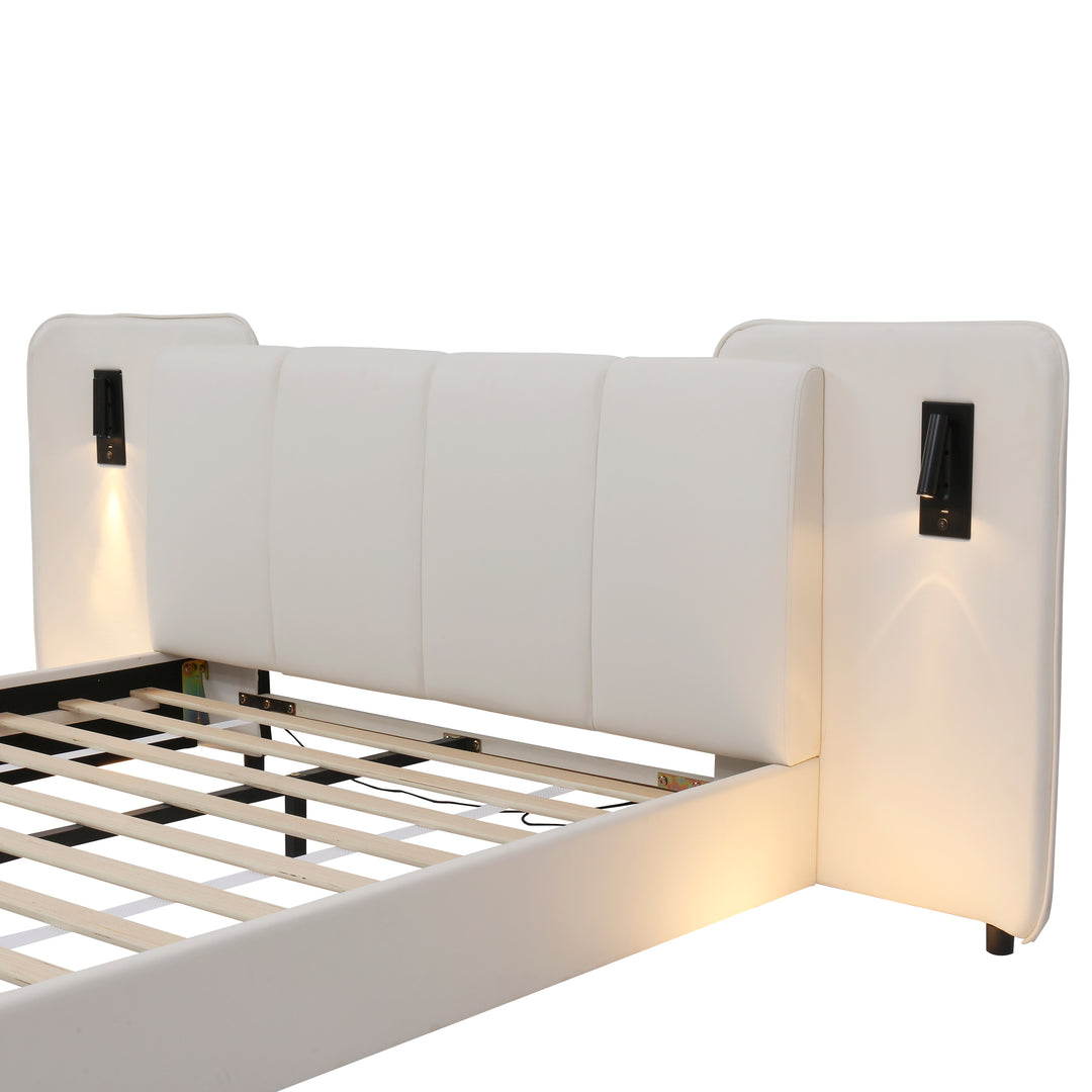 Beige upholstered divan double bed with side lamps and charging port 135x190cm UNITOS