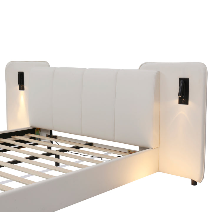 Beige upholstered divan double bed with side lamps and charging port 135x190cm UNITOS