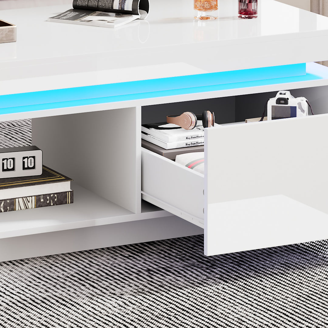 White high gloss coffee table with LED lights and storage 100 x 50 x 40 cm MAGNETOTAIL UK
