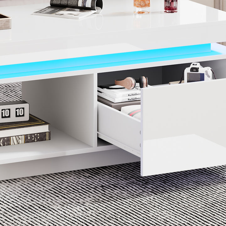 White high gloss coffee table with LED lights and storage 100 x 50 x 40 cm MAGNETOTAIL UK