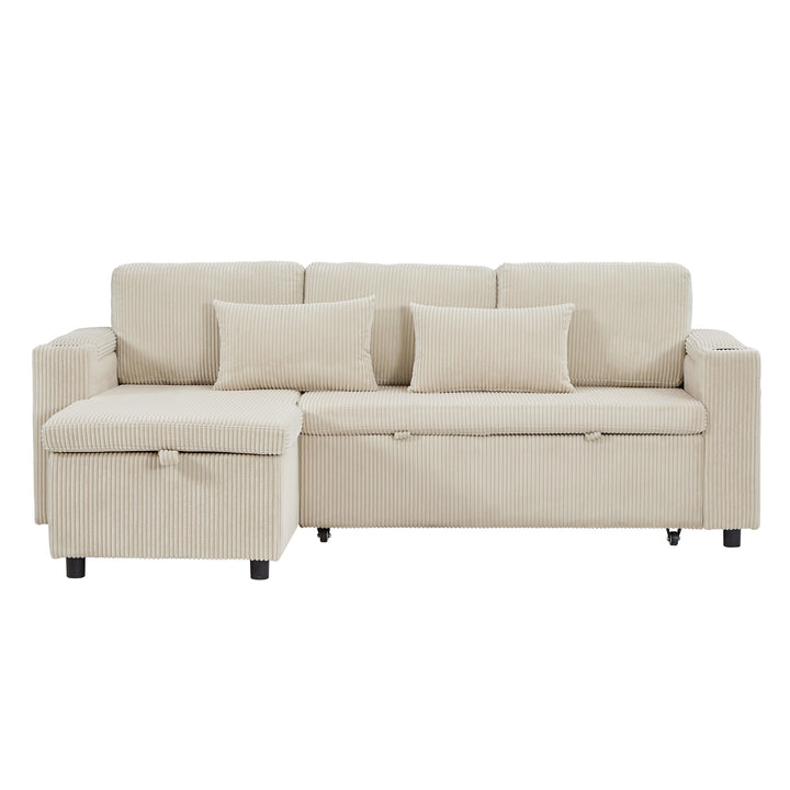 Beige corduroy 3-seater sofa bed trundle bed with storage and USB ports SPELEOTHEM UK