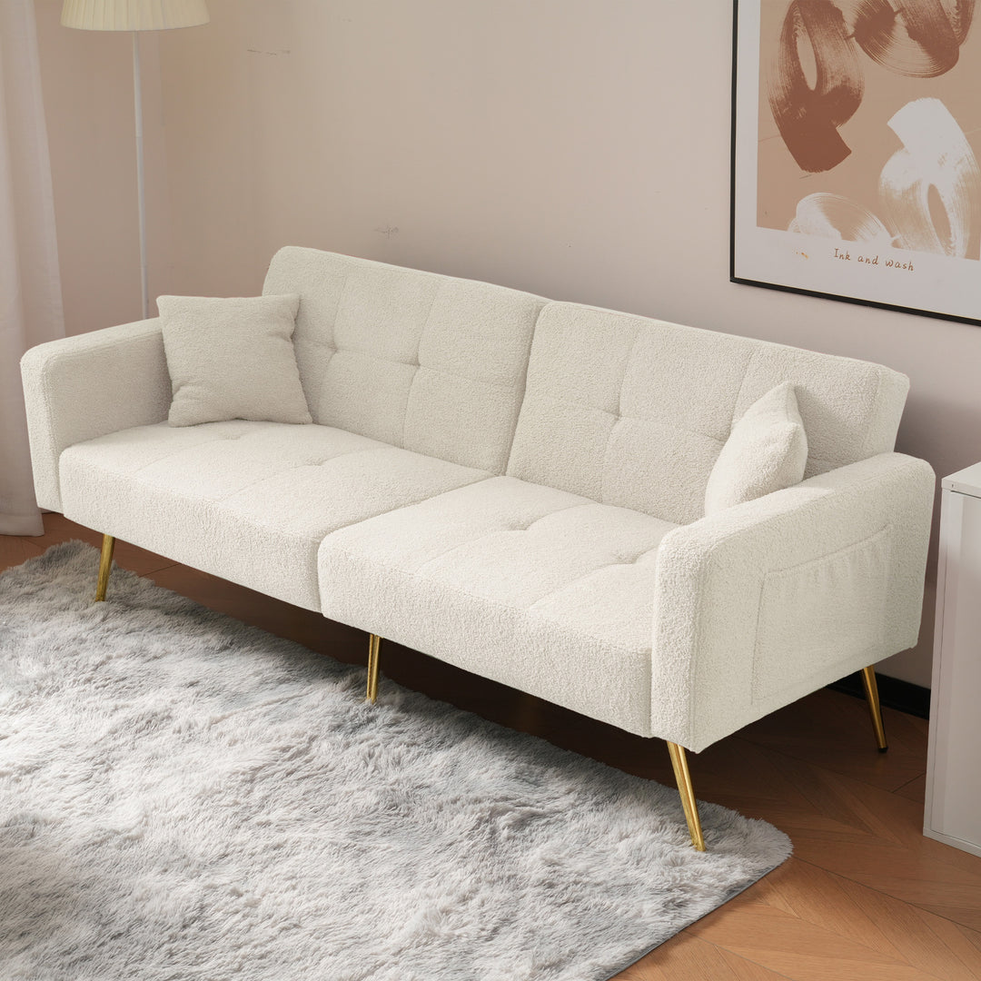 Ivory white sherpa 3-seater clic-clac sofa bed, adjustable backrest & side pocket ALDEN WHITE UK