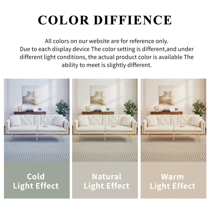 Beige velvet tufted 2-seater sofa bed with gold legs hidden fold-down cup holder COTTONPUFF