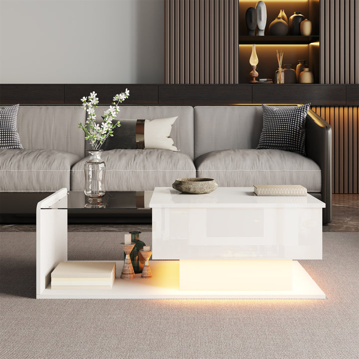 White high-gloss rectangular coffee table and LED lighting with glass top LUNG