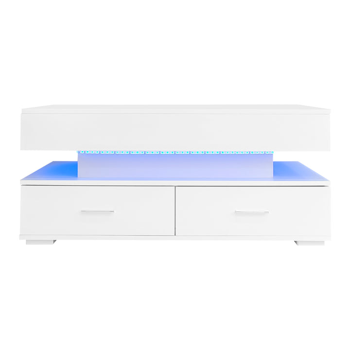 White lift-top coffee table with LED lighting and 2 drawers 100×50×44cm CYBERSPACE