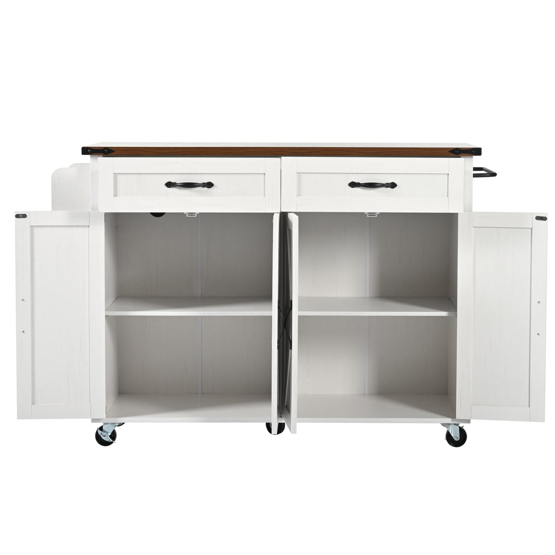 White farmhouse style rolling kitchen island with fold-out top and racks SALTMARSH
