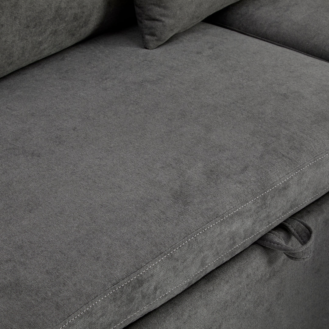 Grey L-shaped corner sofa bed, side shelf with integrated USB and storage VOLATILGAS