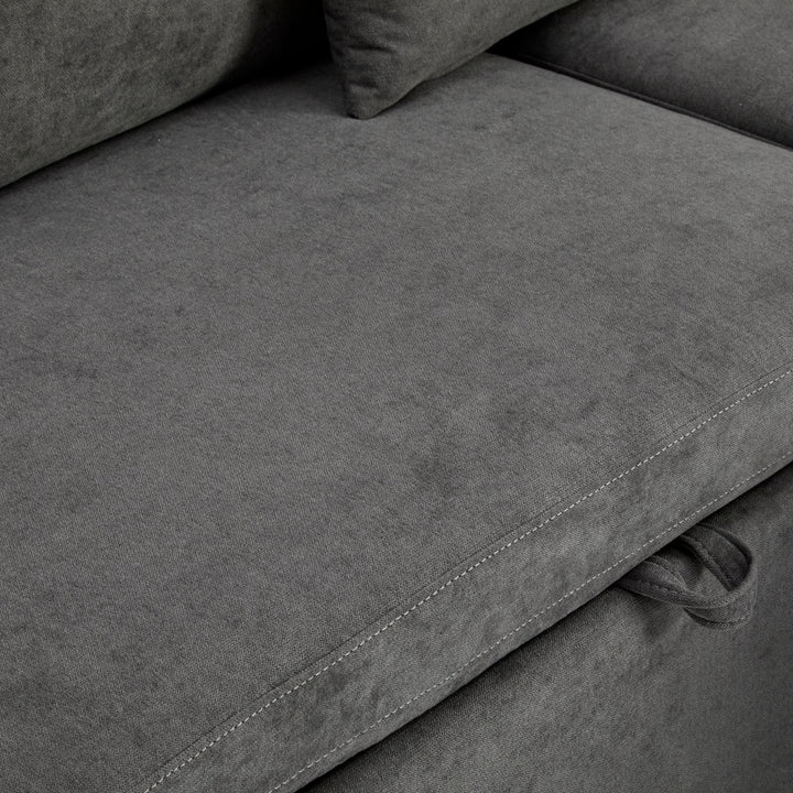 Grey L-shaped corner sofa bed, side shelf with integrated USB and storage VOLATILGAS