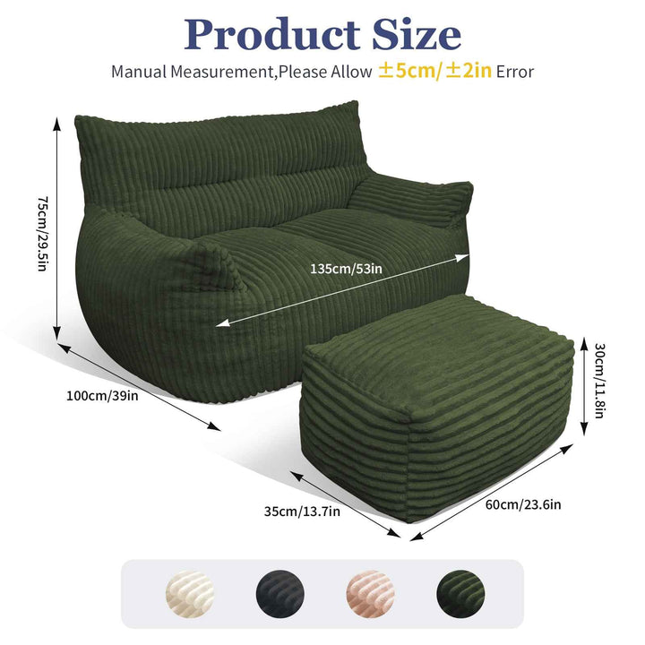 2-Seater Corduroy Lazy Sofa with Ottoman, Oversized Floor Couch, No Assembly, Ergonomic, Green, for Bedroom, Living Room, Small Apartment