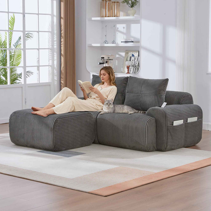 Modular 2-Seater Corduroy Sofa Set Dark Grey, Flexible Layout, Cup Holders, Side Storage, Space-Saving for Living Room
