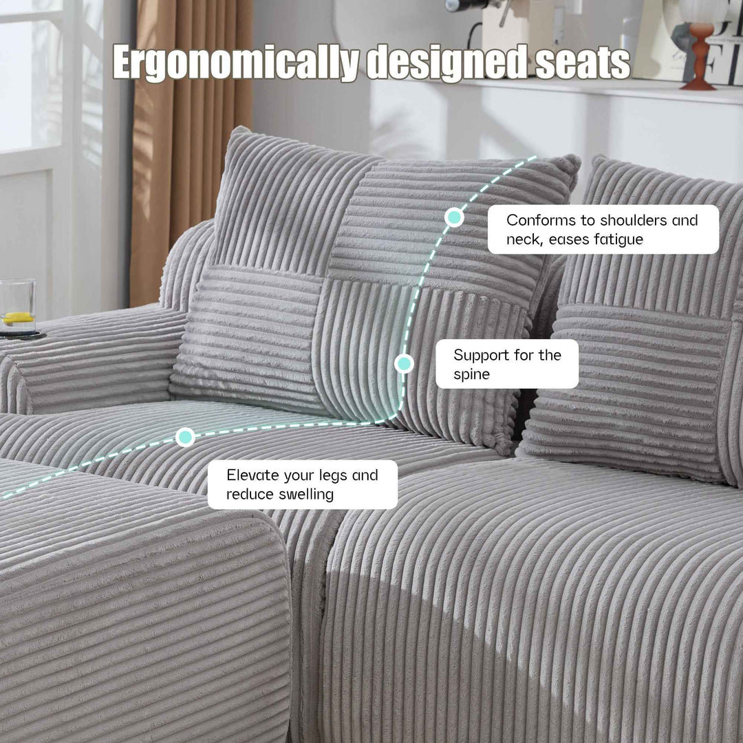 Modular 2-Seater Corduroy Sofa Set Light Grey with Ottomans, Cup Holders & Storage, Flexible Layout for Living Room or Family Space, Modern Style