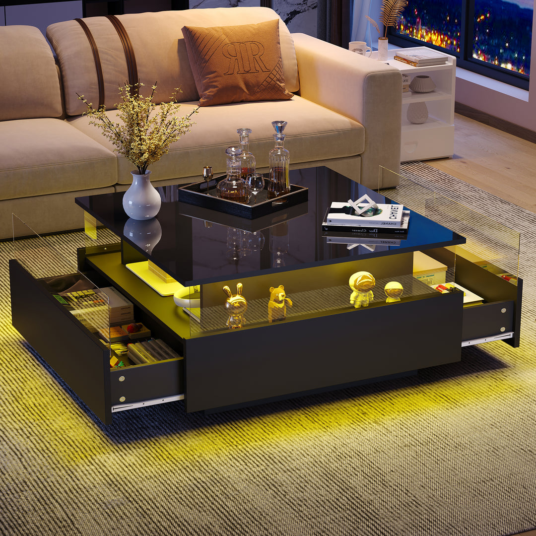 Modern LED light high gloss black square coffee table with 2 drawers THERAPY