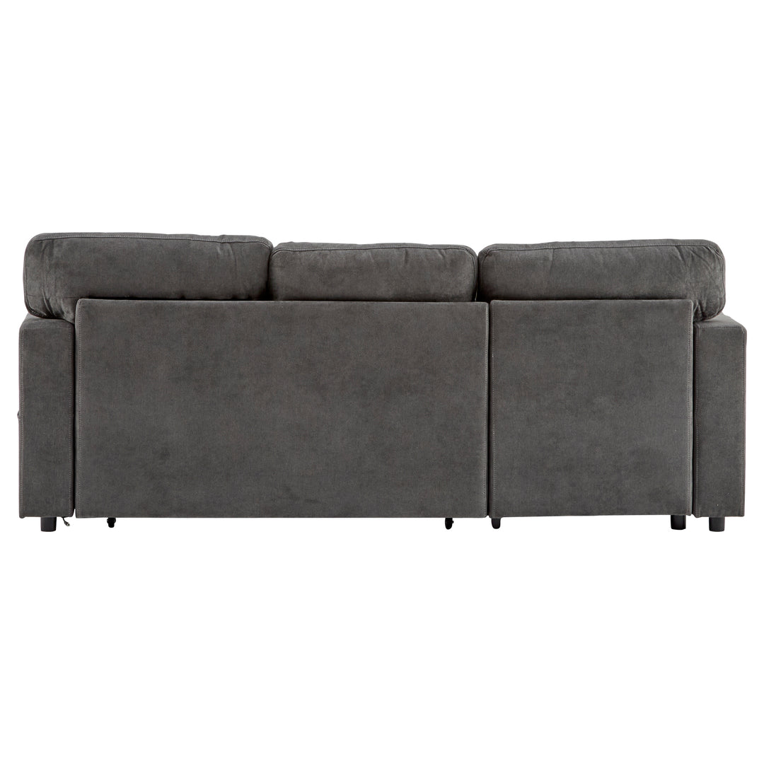 Grey L-shaped corner sofa bed, side shelf with integrated USB and storage VOLATILGAS